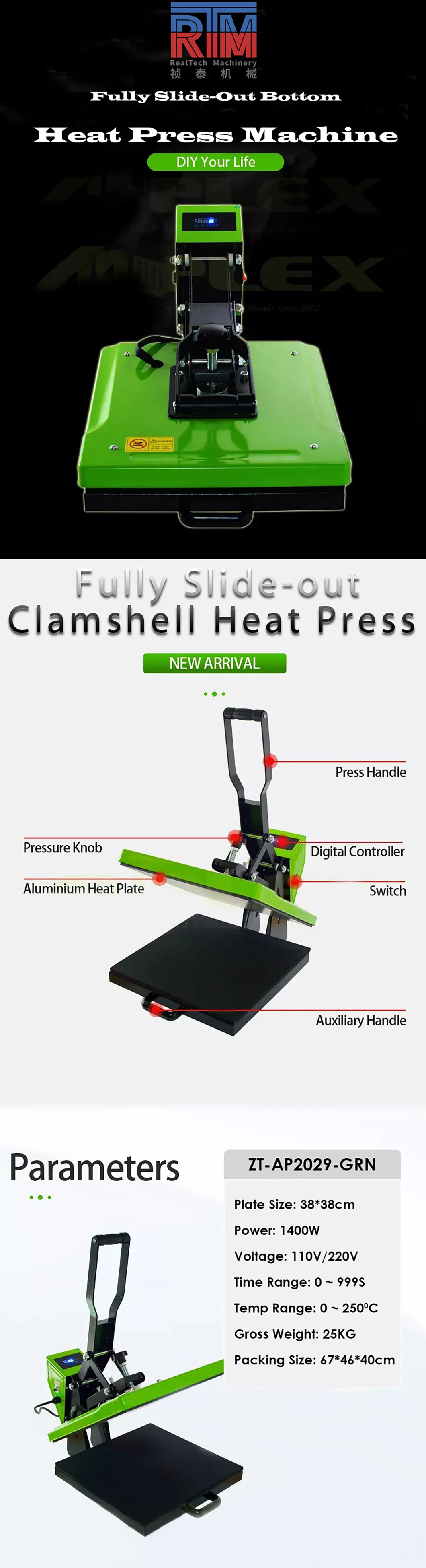 High Quality Manual Operate T-Shirt Cloth Textile Mouse Pad Stable Running Green Heat Press Transfer Printing Machine with Fully Slide-out Bottom