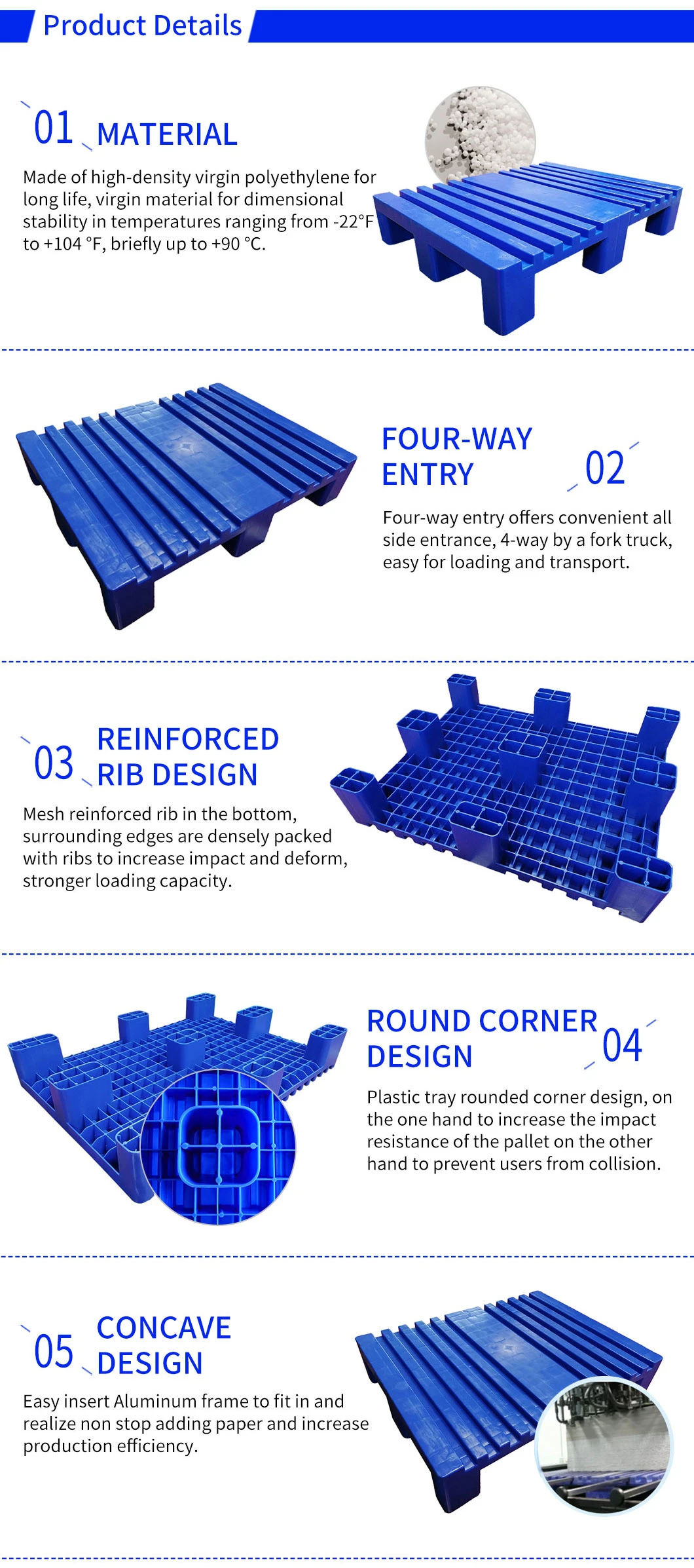 L1050* W760* H175 High Nine Feet Plastic Pallet for Printing Industry